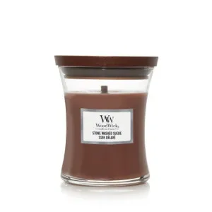 WoodWick Stone Washed Suede vonná svíčka s dřevěným knotem 275 g