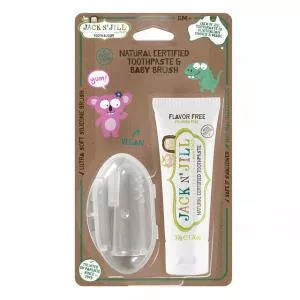  Akční set Dětská zubní pasta - bez příchutě (50 g) + Dětský silikonový zubní kartáček na prst - zvýhodněná sada